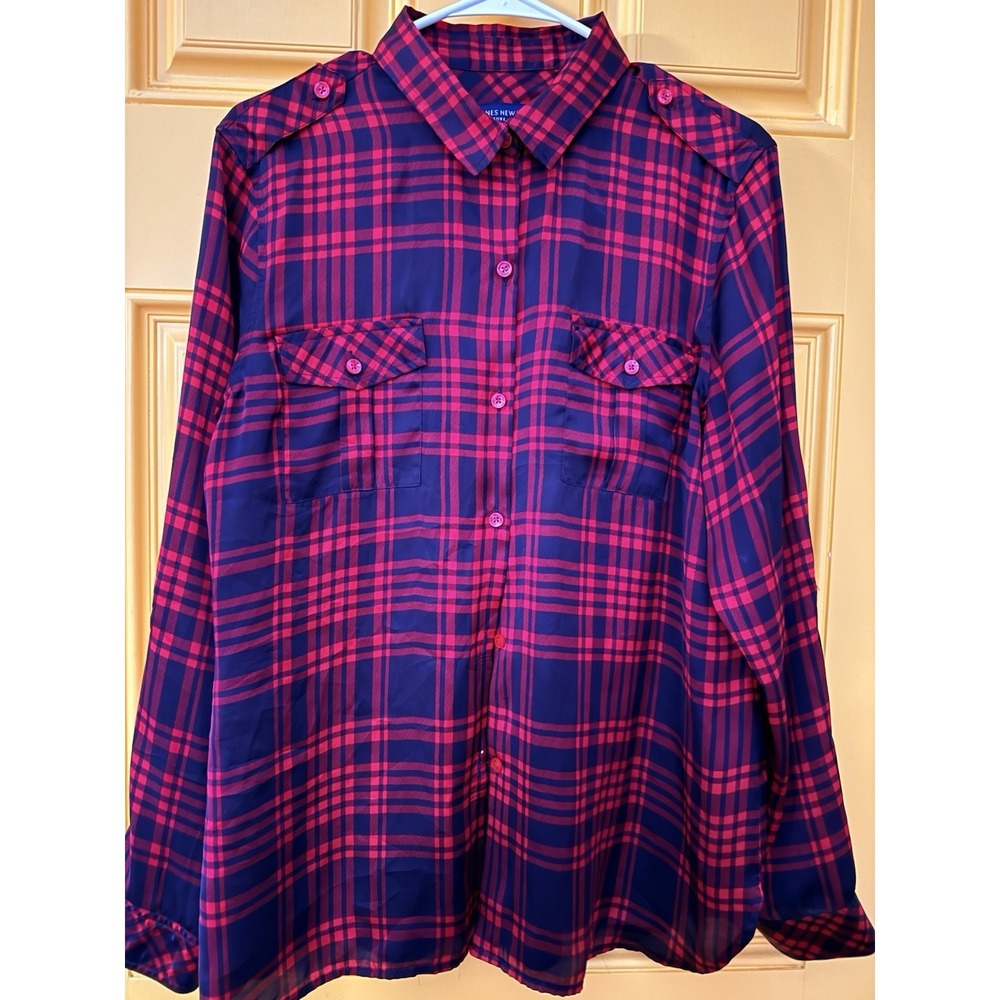 Jones New York Signature Blouse Check Career Events Satin Silky Roll Tab Size XL